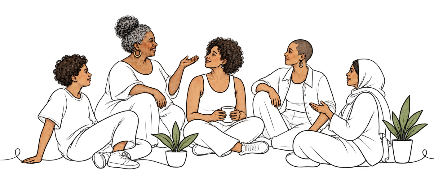 Line drawing of a group sitting together in conversation