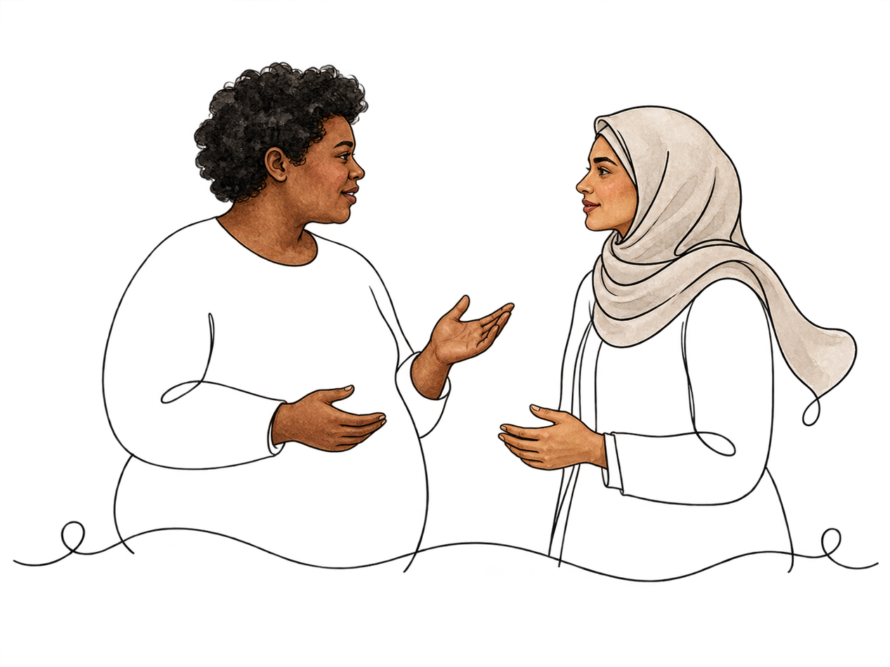 Line drawing of two people in conversation