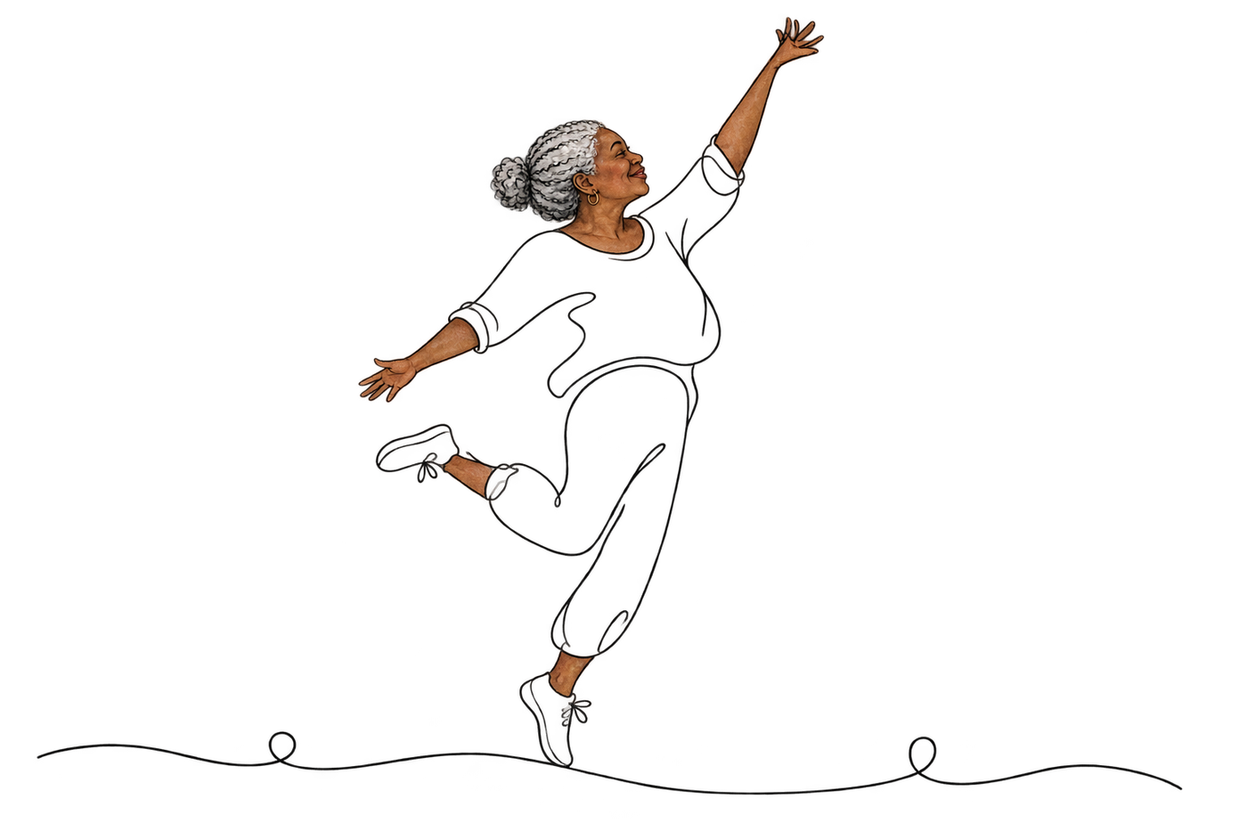 Line drawing of a person jumping joyfully