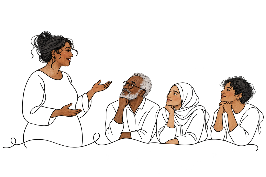 A woman speaking to an attentive group of different ages
