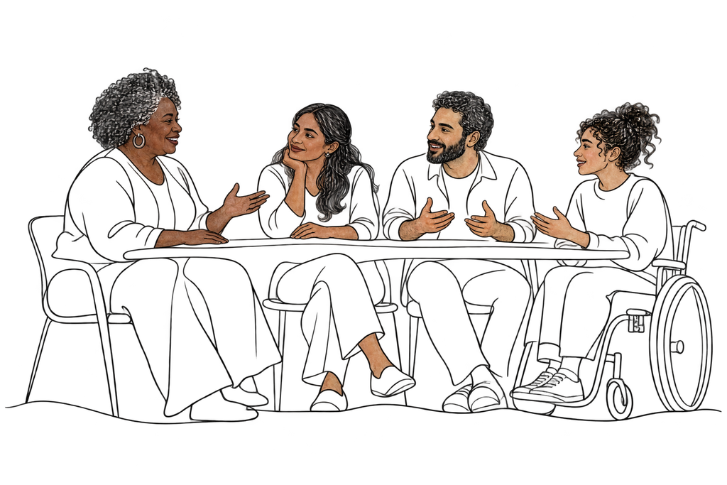 An older facilitator and three participants, including a wheelchair user, in conversation