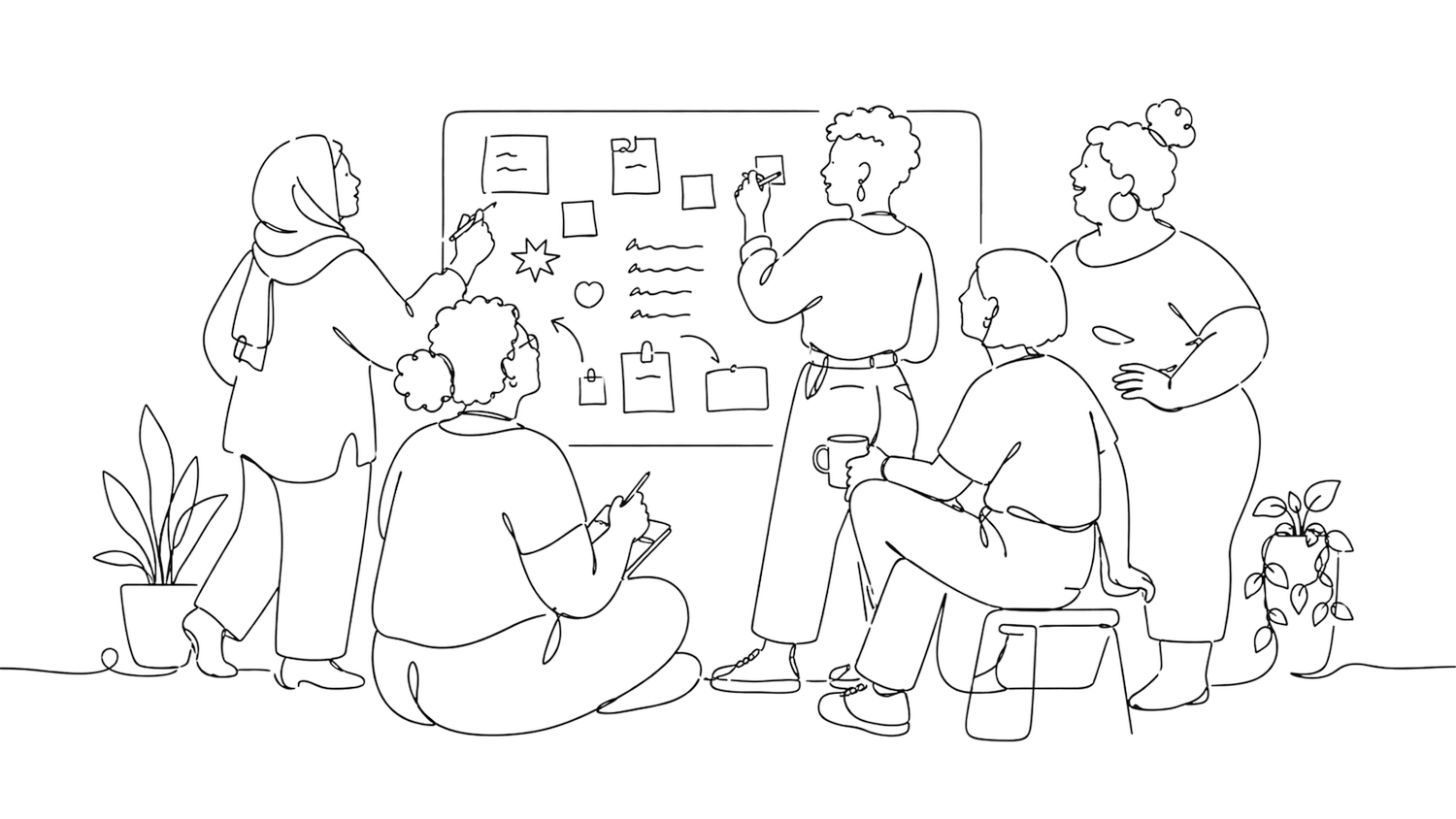 Line drawing of a group collaborating around a table